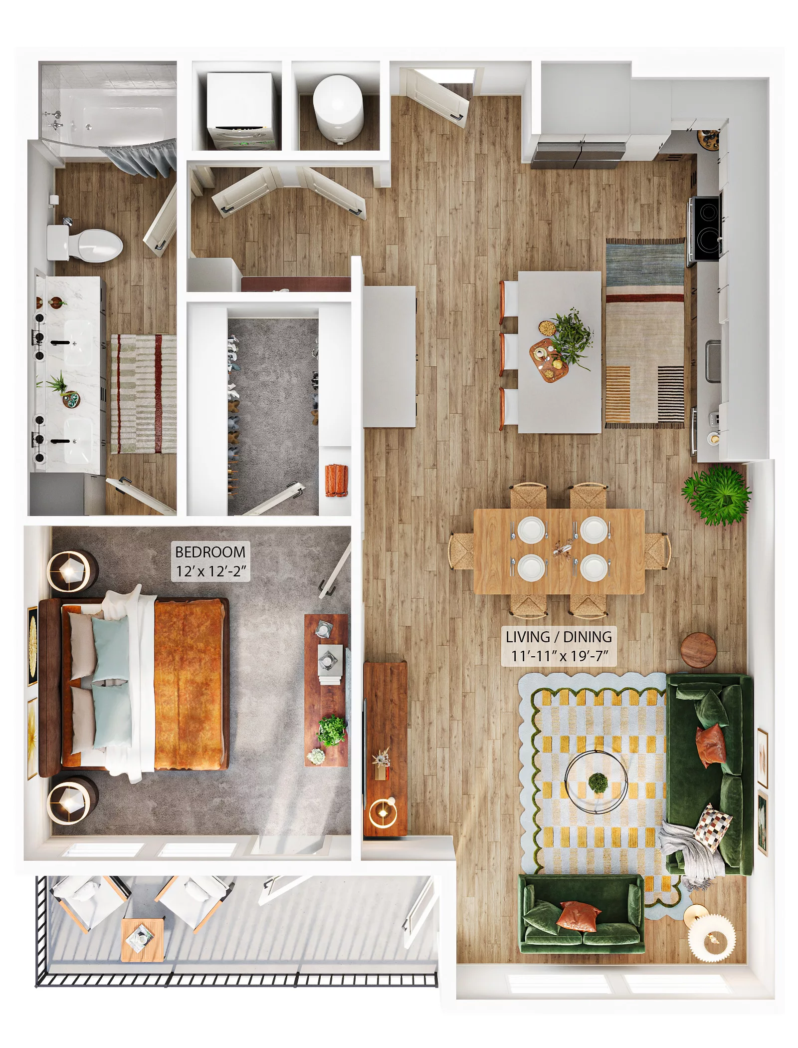 Furnished one-bedroom apartment layout with open kitchen, living, and dining areas.