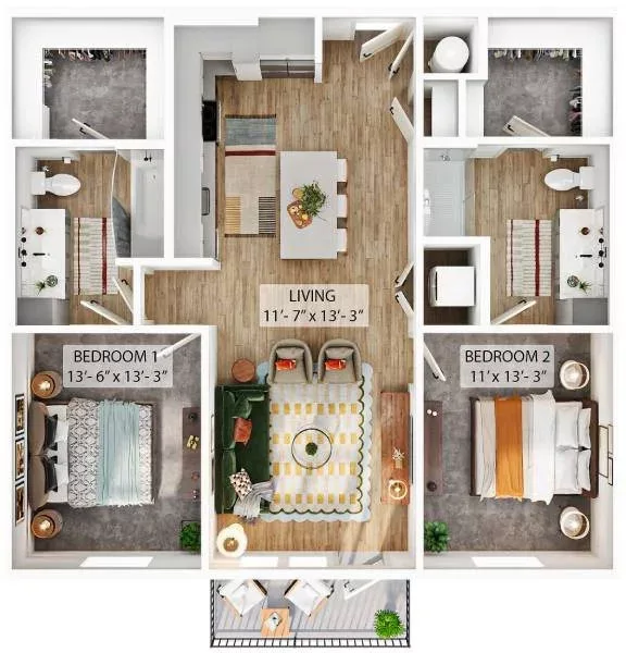 Top-down view of a two-bedroom apartment layout with central living area and two bathrooms.