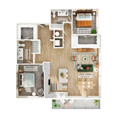 Rendering of the B2 floor plan with 2 bedroom[s] and 2 bathroom[s] at Whitlow Yardi