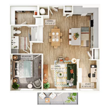 Rendering of the A10 floor plan with 1 bedroom[s] and 1 bathroom[s] at Whitlow Yardi