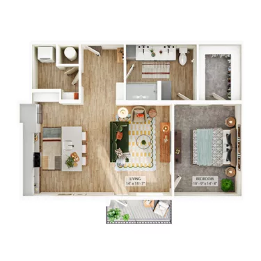 Rendering of the A6 floor plan with 1 bedroom[s] and 1 bathroom[s] at Whitlow Yardi