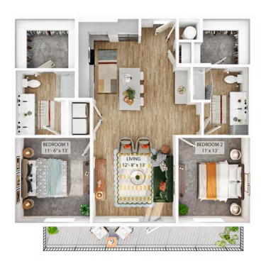 Rendering of the B3A floor plan with 2 bedroom[s] and 2 bathroom[s] at Whitlow Yardi