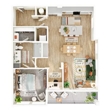 Rendering of the A11 floor plan with 1 bedroom[s] and 1 bathroom[s] at Whitlow Yardi