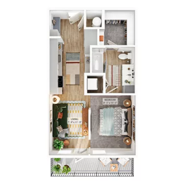 Rendering of the S1 floor plan with a Studio bedroom and 1 bathroom[s] at Whitlow Yardi