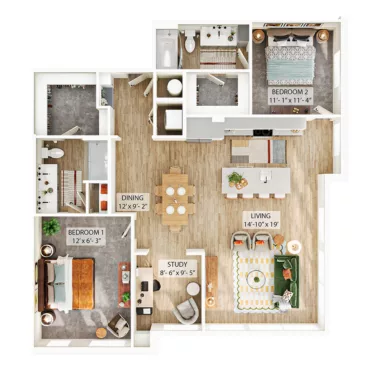Rendering of the B7B floor plan with 2 bedroom[s] and 2 bathroom[s] at Whitlow Yardi
