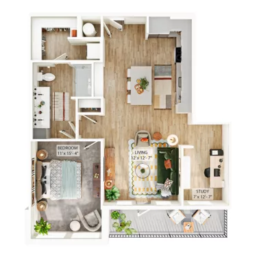 Rendering of the A9 floor plan with 1 bedroom[s] and 1 bathroom[s] at Whitlow Yardi