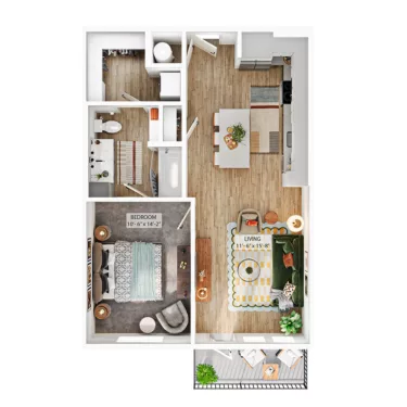Rendering of the A2 floor plan with 1 bedroom[s] and 1 bathroom[s] at Whitlow Yardi