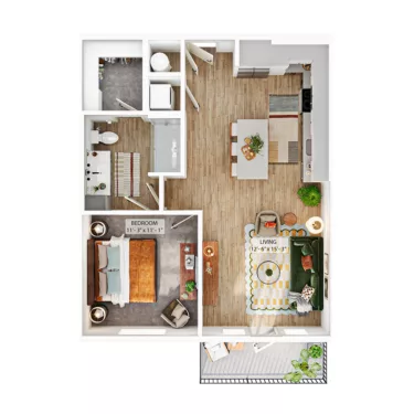 Rendering of the A4 floor plan with 1 bedroom[s] and 1 bathroom[s] at Whitlow Yardi
