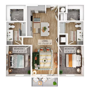 Rendering of the B1 floor plan with 2 bedroom[s] and 2 bathroom[s] at Whitlow Yardi
