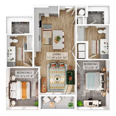 Rendering of the B1A floor plan with 2 bedroom[s] and 2 bathroom[s] at Whitlow Yardi