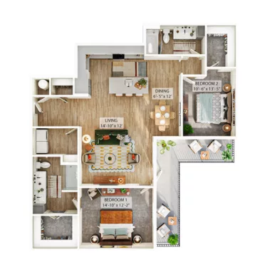 Rendering of the B6 floor plan with 2 bedroom[s] and 2 bathroom[s] at Whitlow Yardi