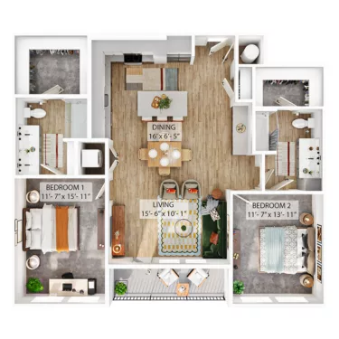 Rendering of the B5 floor plan with 2 bedroom[s] and 2 bathroom[s] at Whitlow Yardi