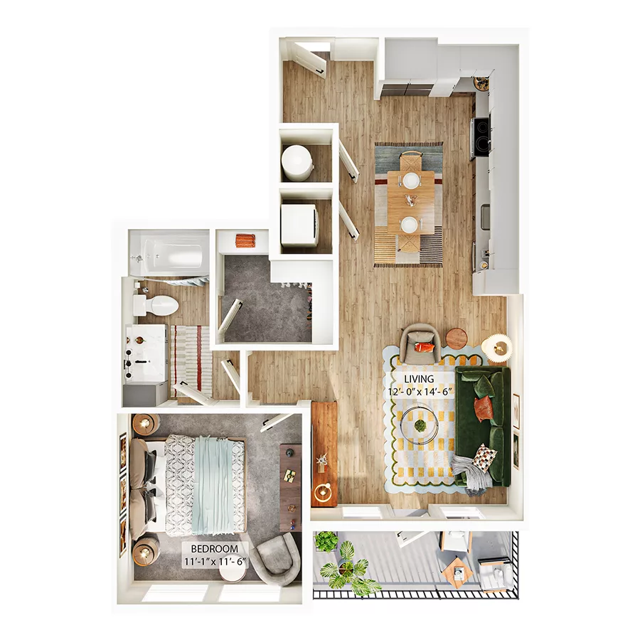 Rendering of the A1 floor plan with 1 bedroom[s] and 1 bathroom[s] at Whitlow Yardi