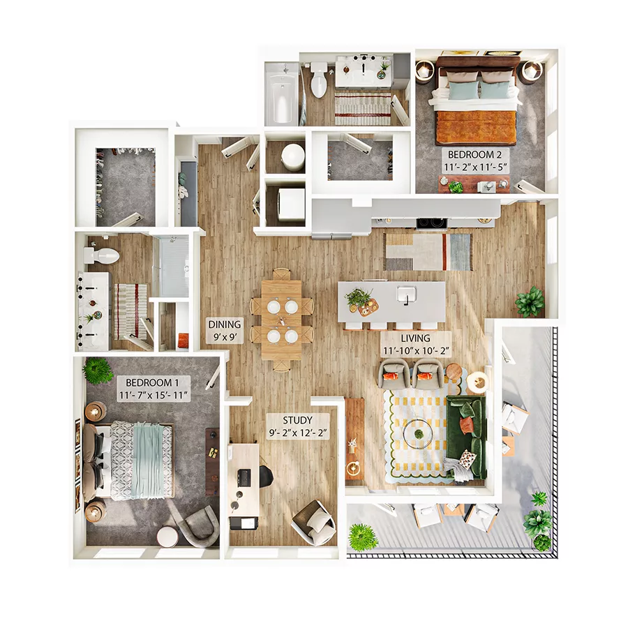 Rendering of the B7 floor plan with 2 bedroom[s] and 2 bathroom[s] at Whitlow Yardi