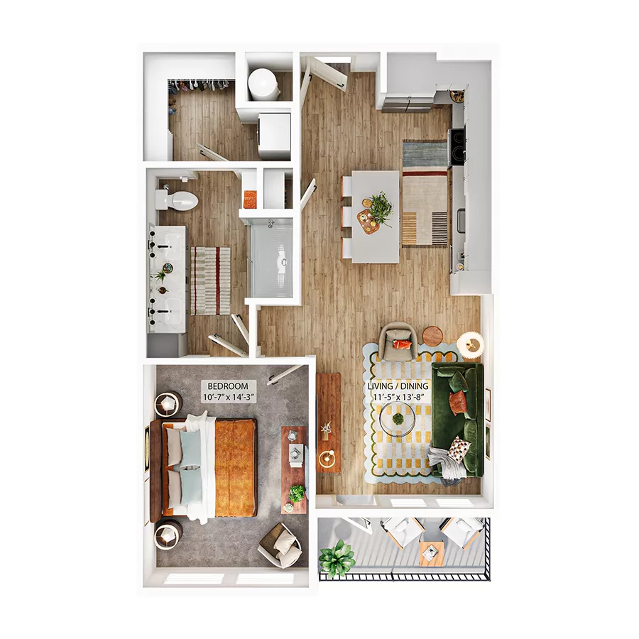 Rendering of the A3 floor plan with 1 bedroom[s] and 1 bathroom[s] at Whitlow Yardi