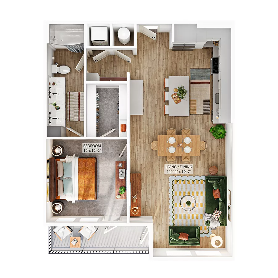 Rendering of the A7 floor plan with 1 bedroom[s] and 1 bathroom[s] at Whitlow Yardi