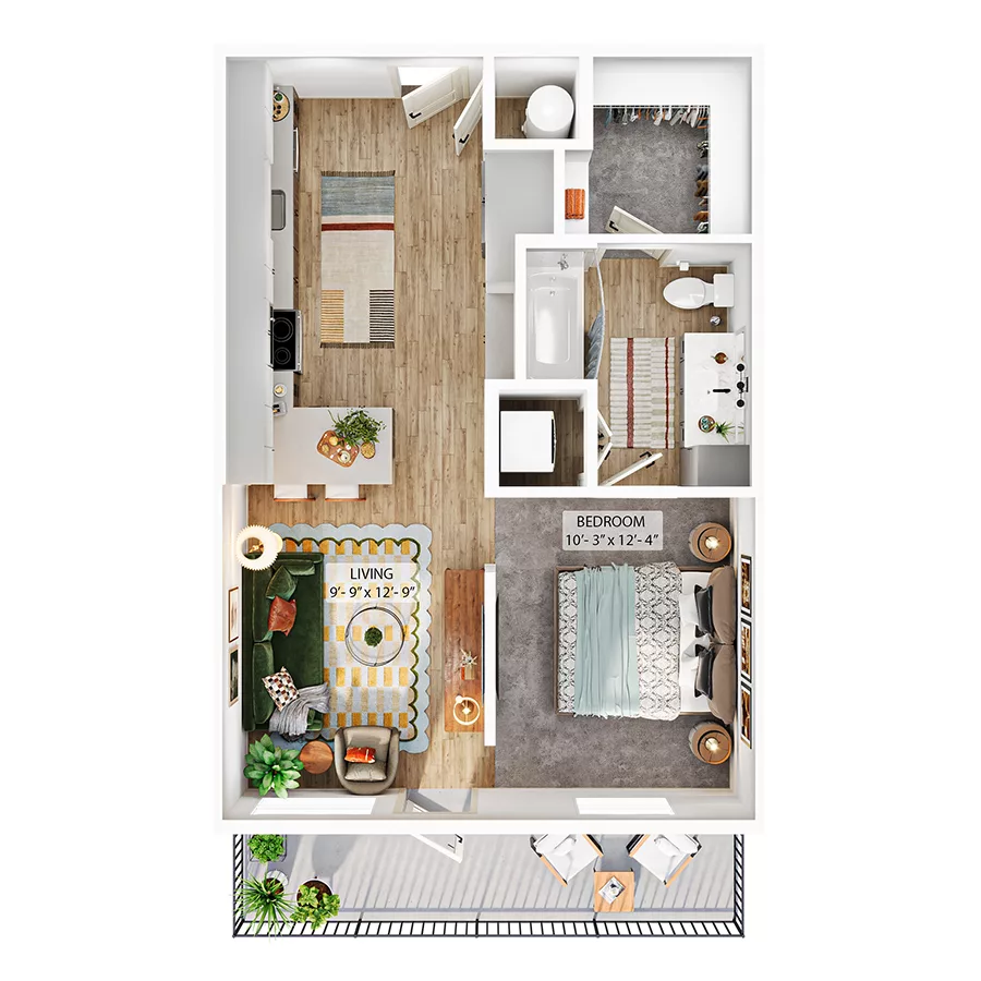 Rendering of the S3 floor plan with a Studio bedroom and 1 bathroom[s] at Whitlow Yardi