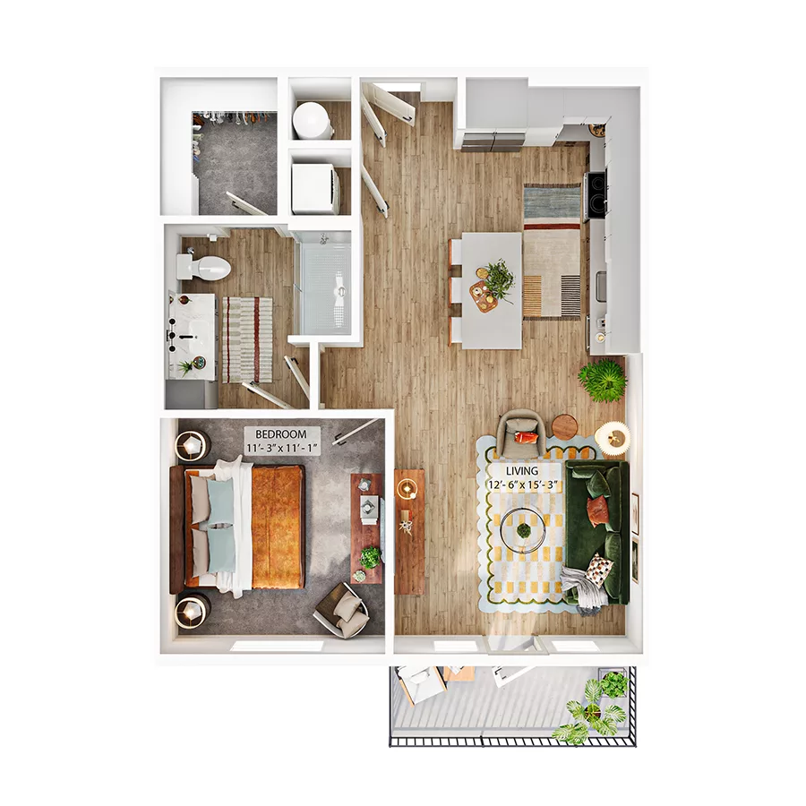 Rendering of the A4 floor plan with 1 bedroom[s] and 1 bathroom[s] at Whitlow Yardi