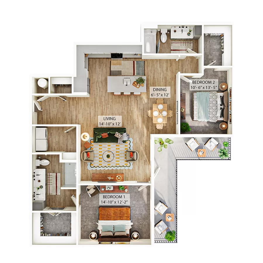 Rendering of the B6 floor plan with 2 bedroom[s] and 2 bathroom[s] at Whitlow Yardi