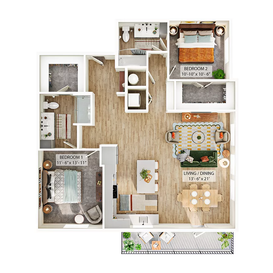 Rendering of the B2 floor plan with 2 bedroom[s] and 2 bathroom[s] at Whitlow Yardi