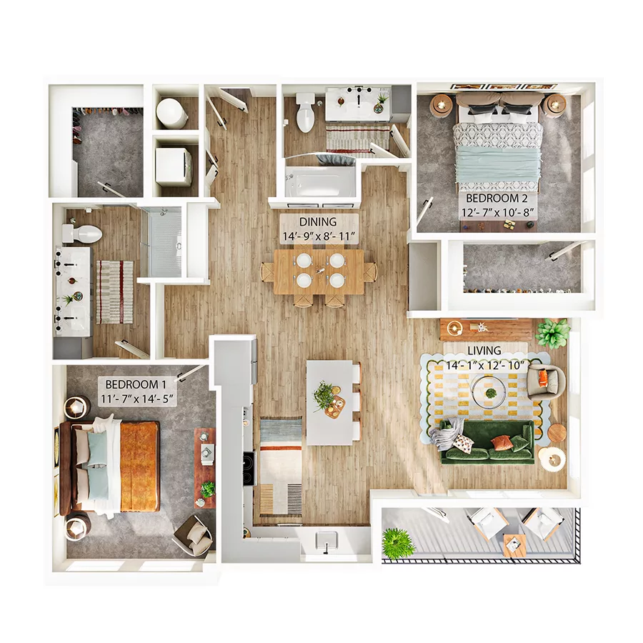 Rendering of the B4 floor plan with 2 bedroom[s] and 2 bathroom[s] at Whitlow Yardi