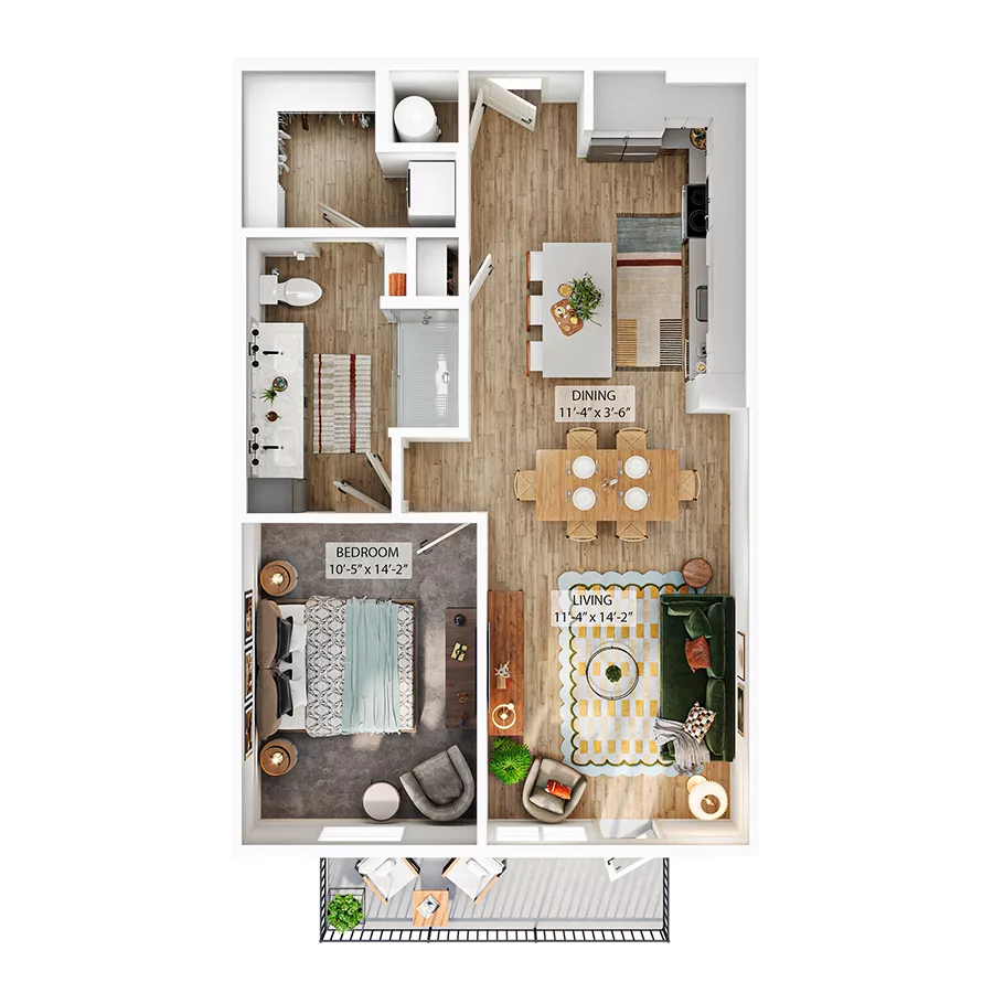 Rendering of the A3B floor plan with 1 bedroom[s] and 1 bathroom[s] at Whitlow Yardi