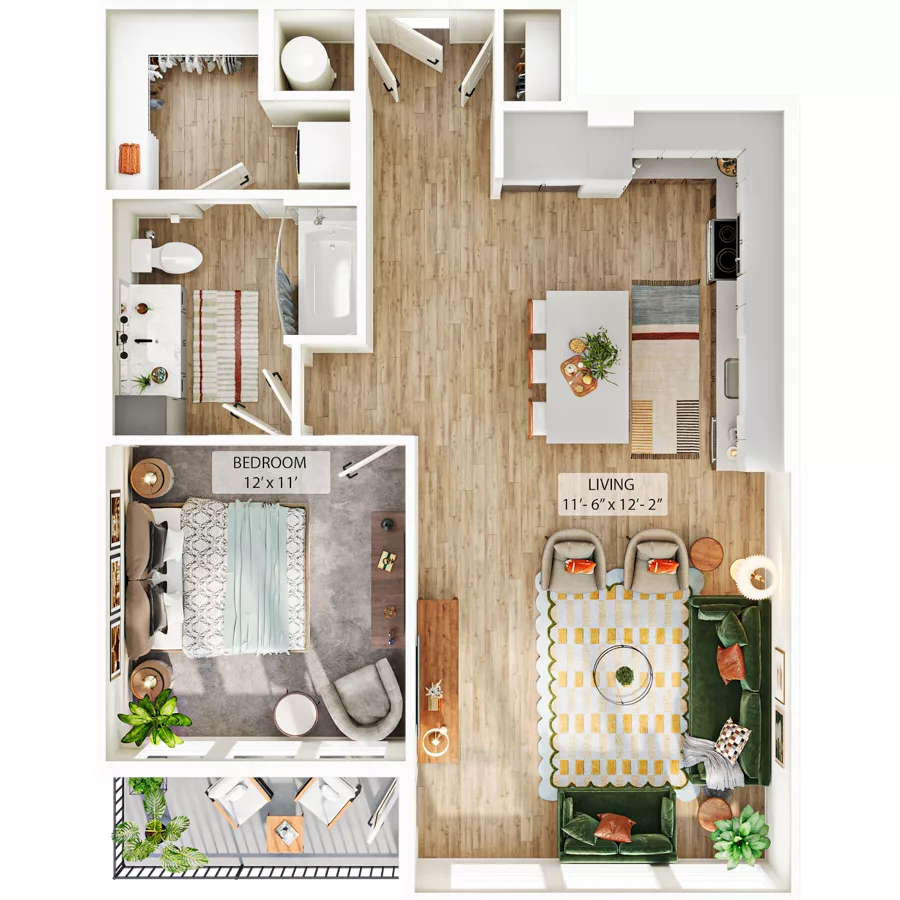 Rendering of the A5 floor plan with 1 bedroom[s] and 1 bathroom[s] at Whitlow Yardi