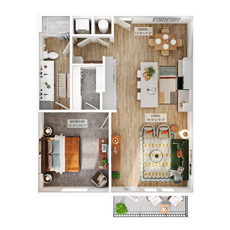 Rendering of the A8 floor plan with 1 bedroom[s] and 1 bathroom[s] at Whitlow Yardi