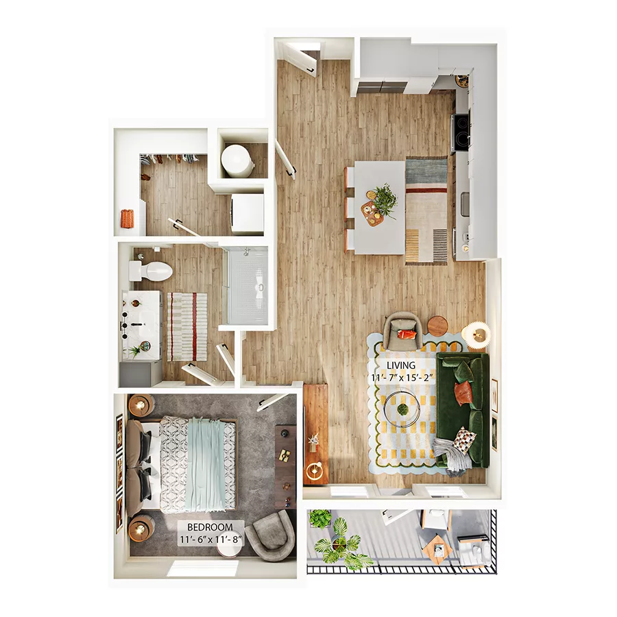 Rendering of the A4B floor plan with 1 bedroom[s] and 1 bathroom[s] at Whitlow Yardi