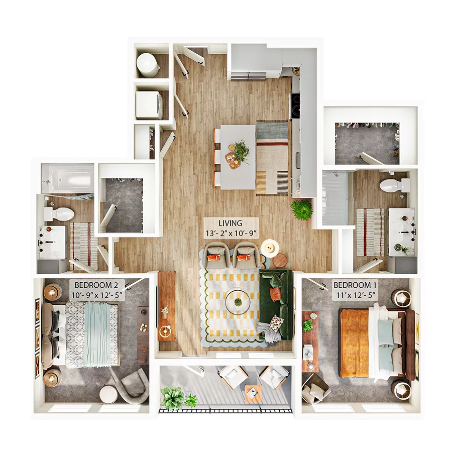 Rendering of the B1B floor plan with 2 bedroom[s] and 2 bathroom[s] at Whitlow Yardi