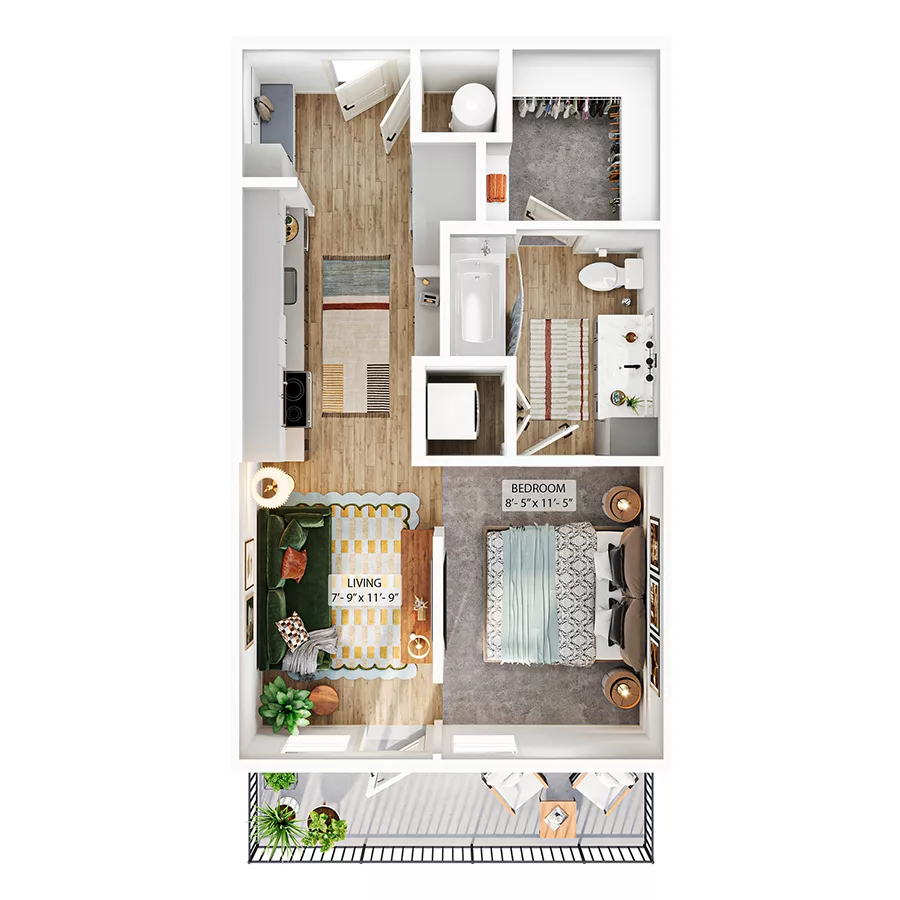 Rendering of the S1 floor plan with a Studio bedroom and 1 bathroom[s] at Whitlow Yardi