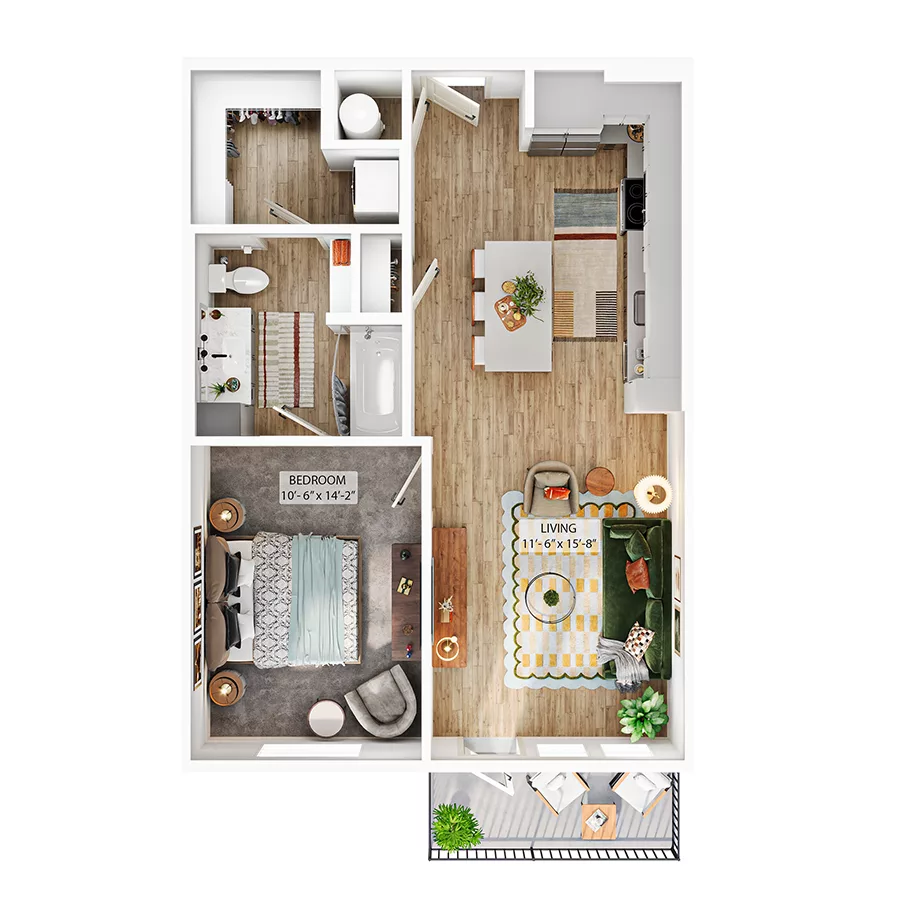 Rendering of the A2 floor plan with 1 bedroom[s] and 1 bathroom[s] at Whitlow Yardi