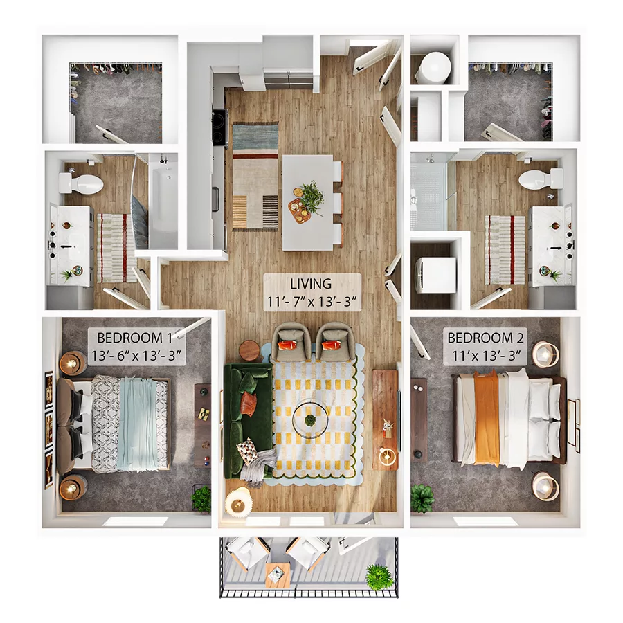 Rendering of the B1 floor plan with 2 bedroom[s] and 2 bathroom[s] at Whitlow Yardi