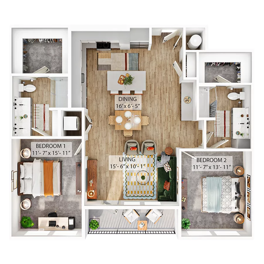 Rendering of the B5 floor plan with 2 bedroom[s] and 2 bathroom[s] at Whitlow Yardi