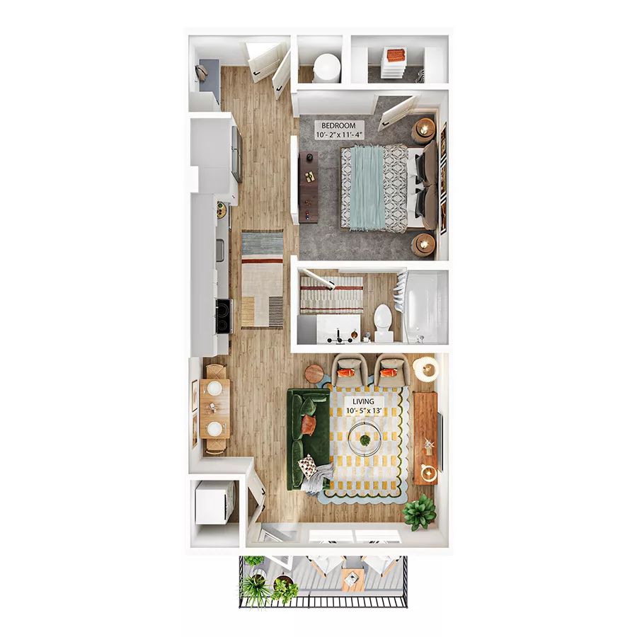 Rendering of the S2 floor plan with a Studio bedroom and 1 bathroom[s] at Whitlow Yardi