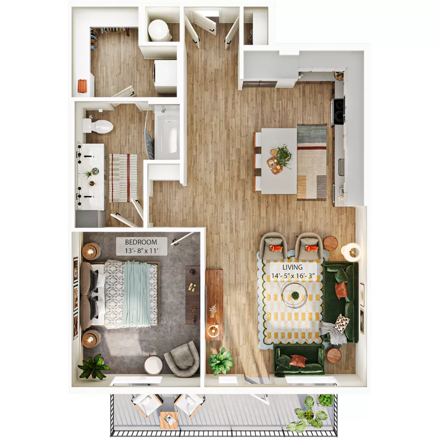 Rendering of the A5B floor plan with 1 bedroom[s] and 1 bathroom[s] at Whitlow Yardi