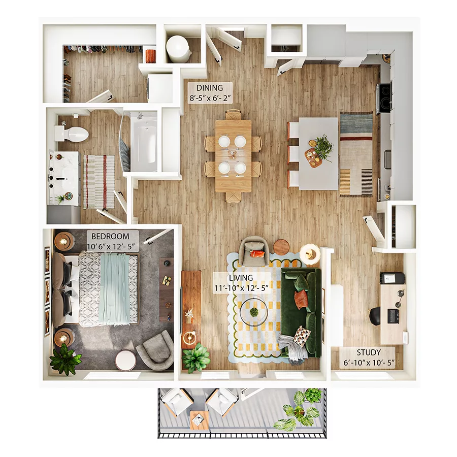 Rendering of the A10 floor plan with 1 bedroom[s] and 1 bathroom[s] at Whitlow Yardi