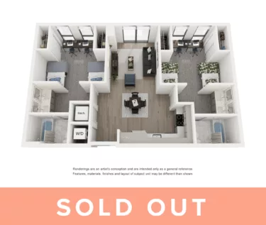 Rendering of the Emerald- 2BR/2BA- Shared Room floor plan with 2 bedroom[s] and 2 bathroom[s] at Lapis