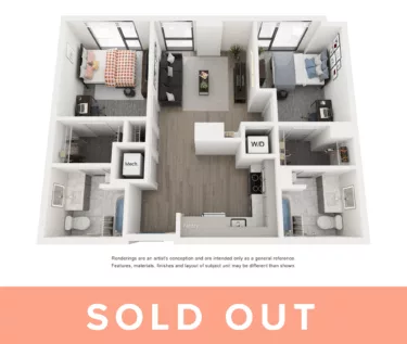 Rendering of the Capri A - 2BR/2BA floor plan with 2 bedroom[s] and 2 bathroom[s] at Lapis