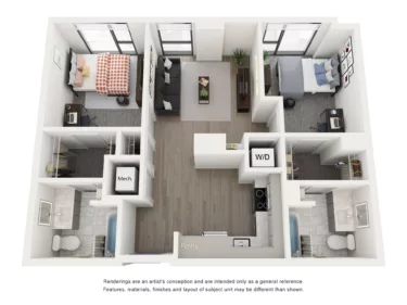 Rendering of the Capri A - 2BR/2BA floor plan with 2 bedroom[s] and 2 bathroom[s] at Lapis