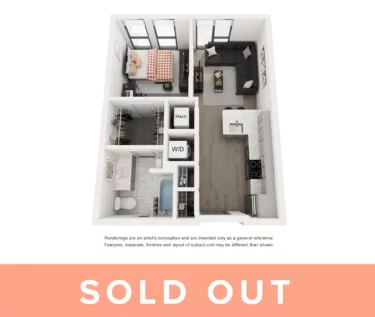Rendering of the Azul - 1BR/1BA floor plan with 1 bedroom[s] and 1 bathroom[s] at Lapis