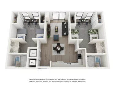 Rendering of the Emerald- 2BR/2BA- Shared Room floor plan with 2 bedroom[s] and 2 bathroom[s] at Lapis