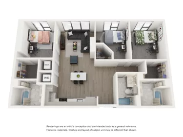 Rendering of the Ibizia A - 3BR/3BA floor plan with 3 bedroom[s] and 3 bathroom[s] at Lapis