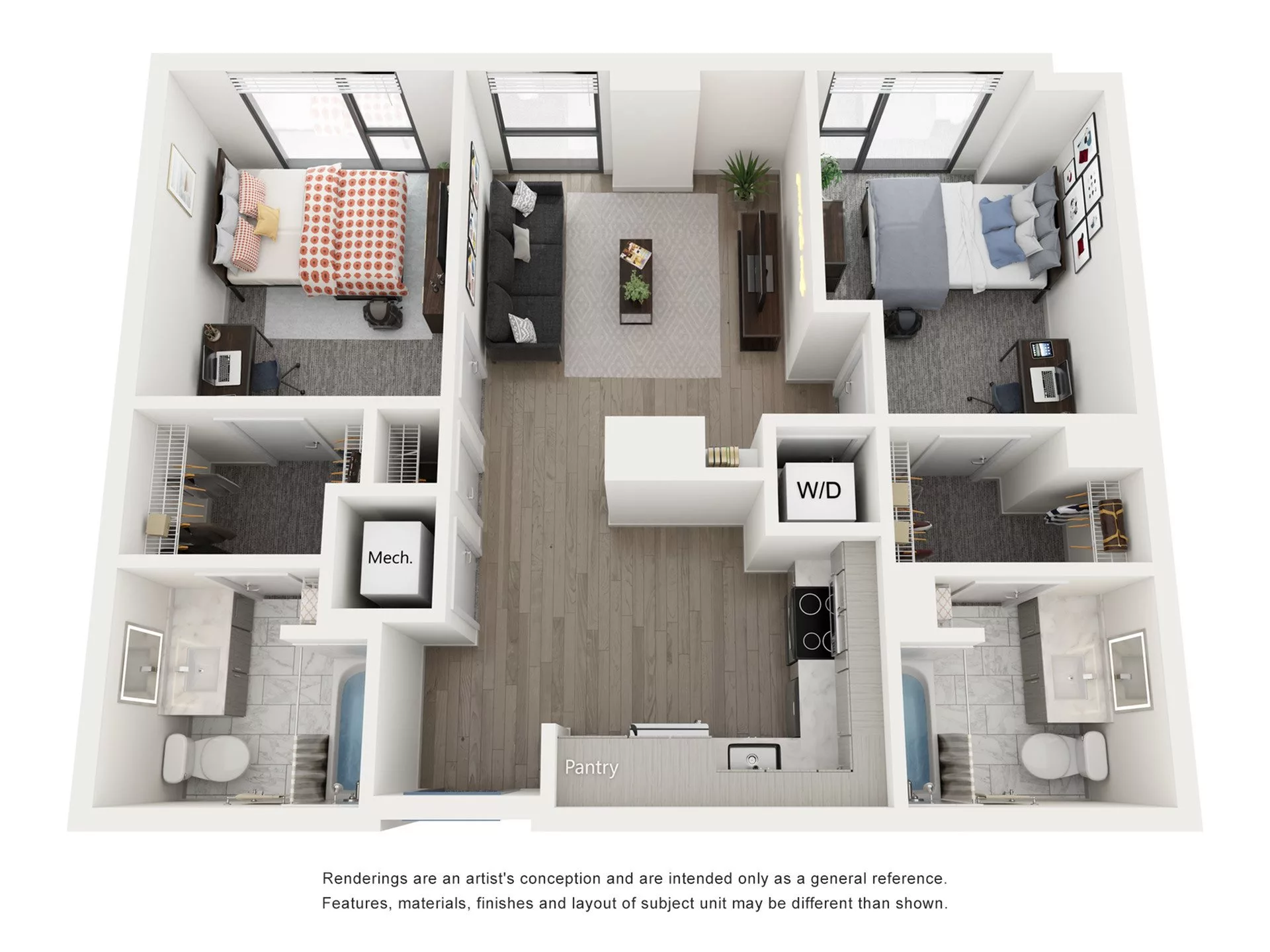 Rendering of the Capri A - 2BR/2BA floor plan with 2 bedroom[s] and 2 bathroom[s] at Lapis