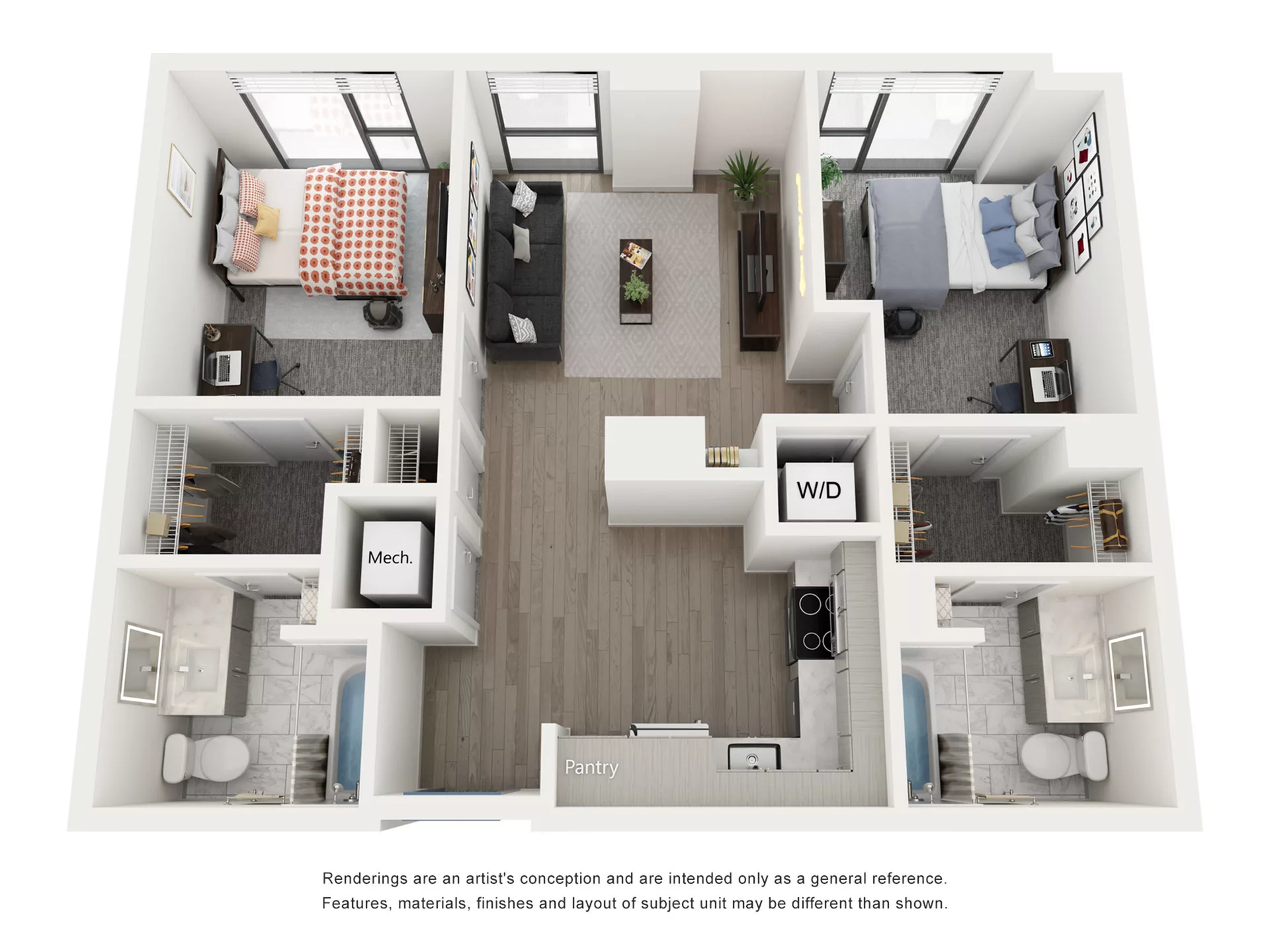 Rendering of the Capri A - 2BR/2BA floor plan with 2 bedroom[s] and 2 bathroom[s] at Lapis