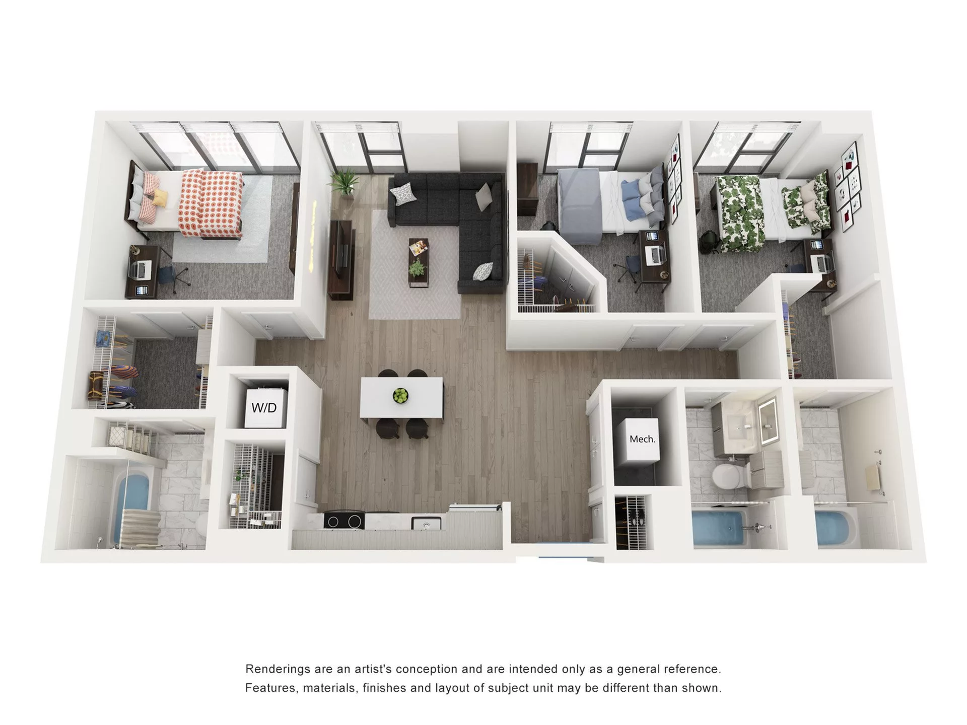 Rendering of the Ibizia C - 3BR/3BA floor plan with 3 bedroom[s] and 3 bathroom[s] at Lapis