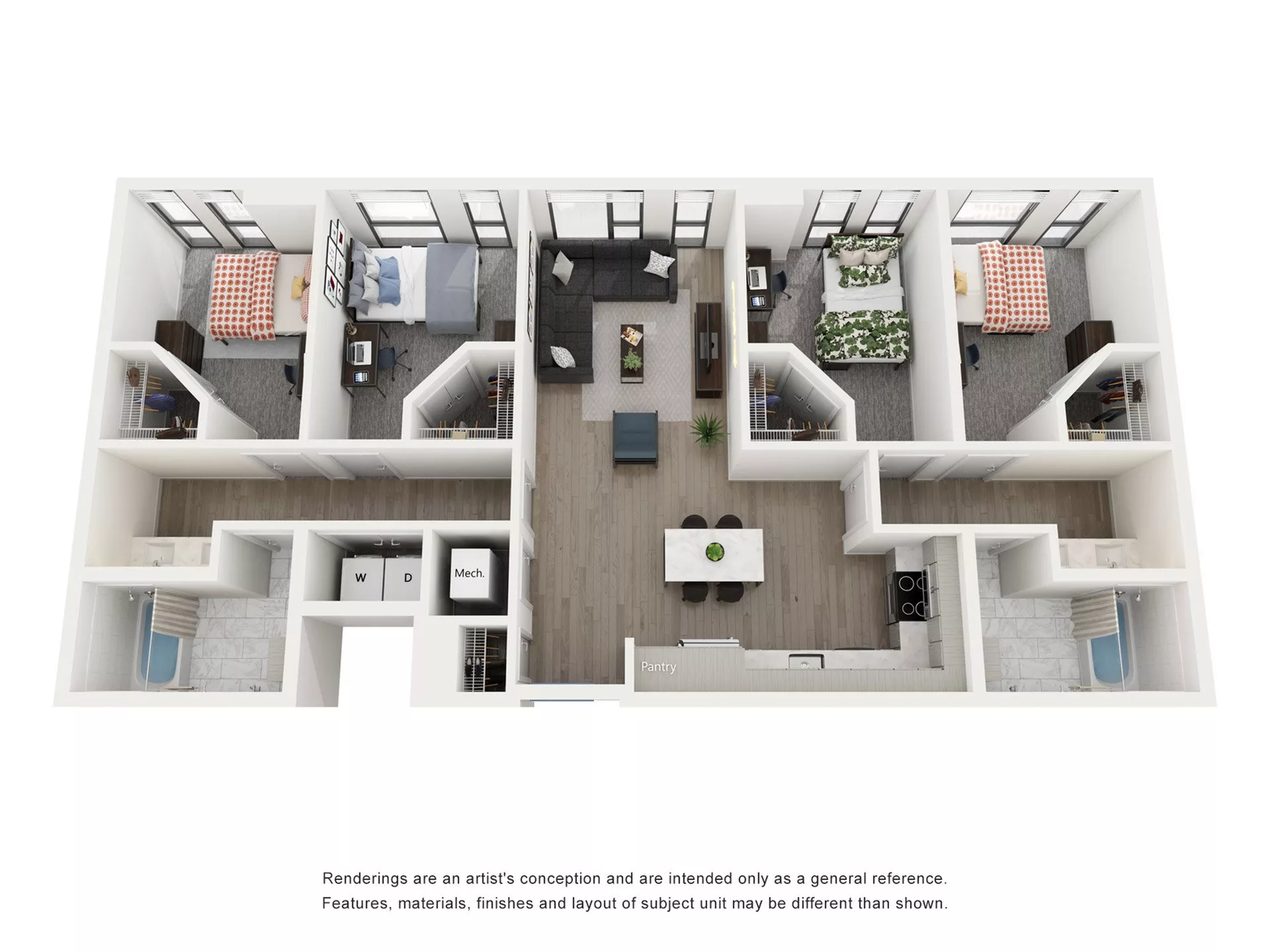 Rendering of the Maya -4BR/2BA floor plan with 4 bedroom[s] and 2 bathroom[s] at Lapis
