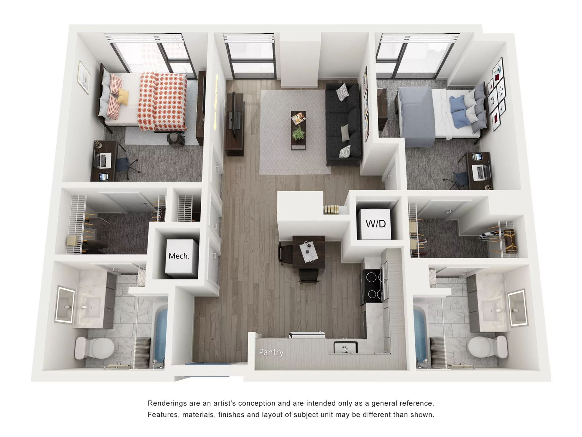 Rendering of the Capri B - 2BR/2BA floor plan with 2 bedroom[s] and 2 bathroom[s] at Lapis