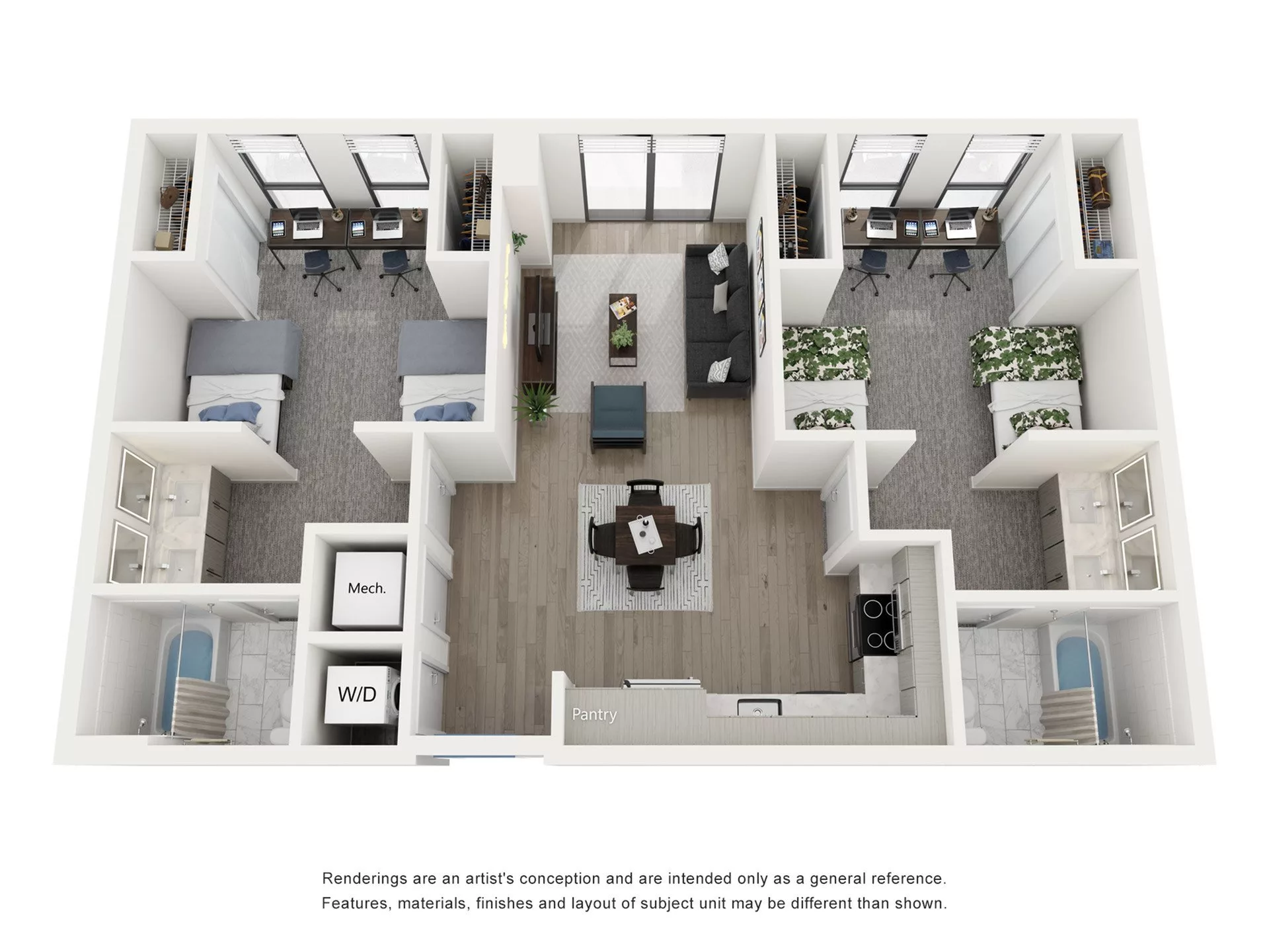 Rendering of the Emerald- 2BR/2BA- Shared Room floor plan with 2 bedroom[s] and 2 bathroom[s] at Lapis
