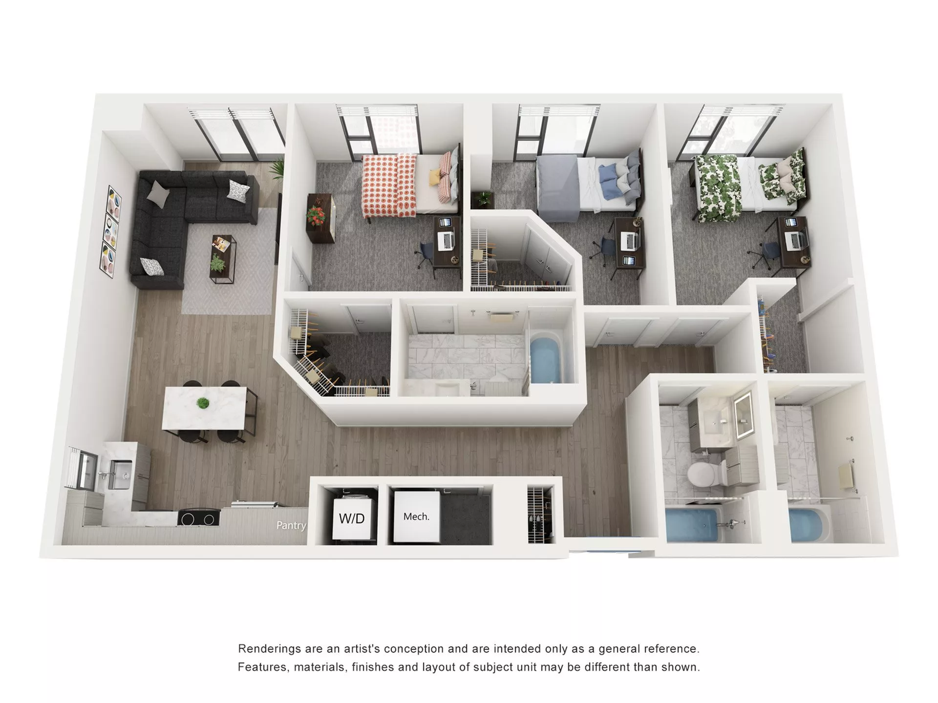 Rendering of the Ibizia B - 3BR/3BA floor plan with 3 bedroom[s] and 3 bathroom[s] at Lapis